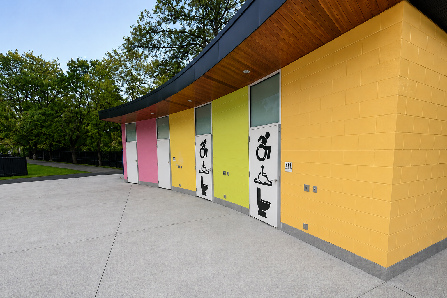 Colourful public washroom building with pink, yellow, and green cladding