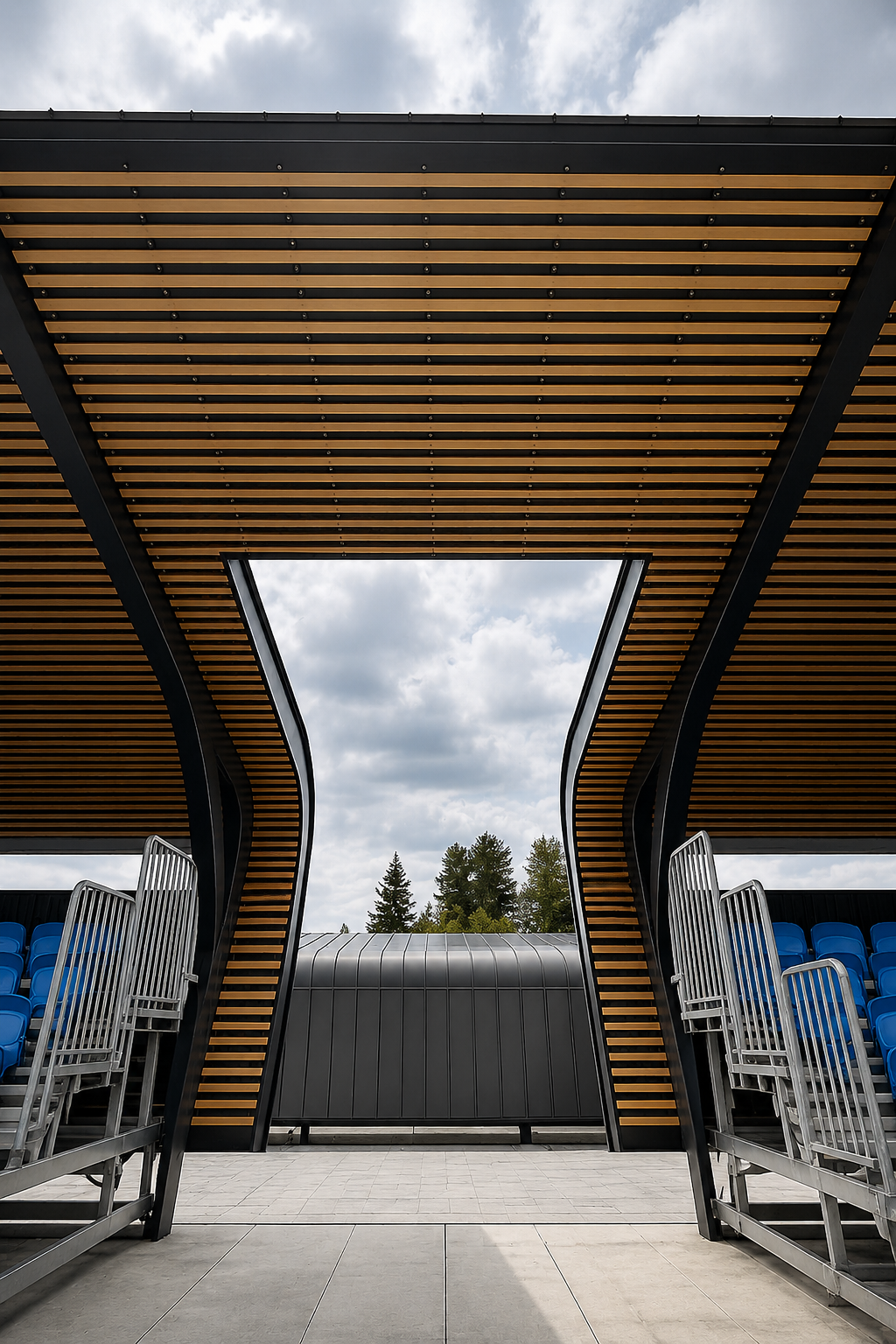 Grandstand canopy with wood-slat ceiling and steel framing