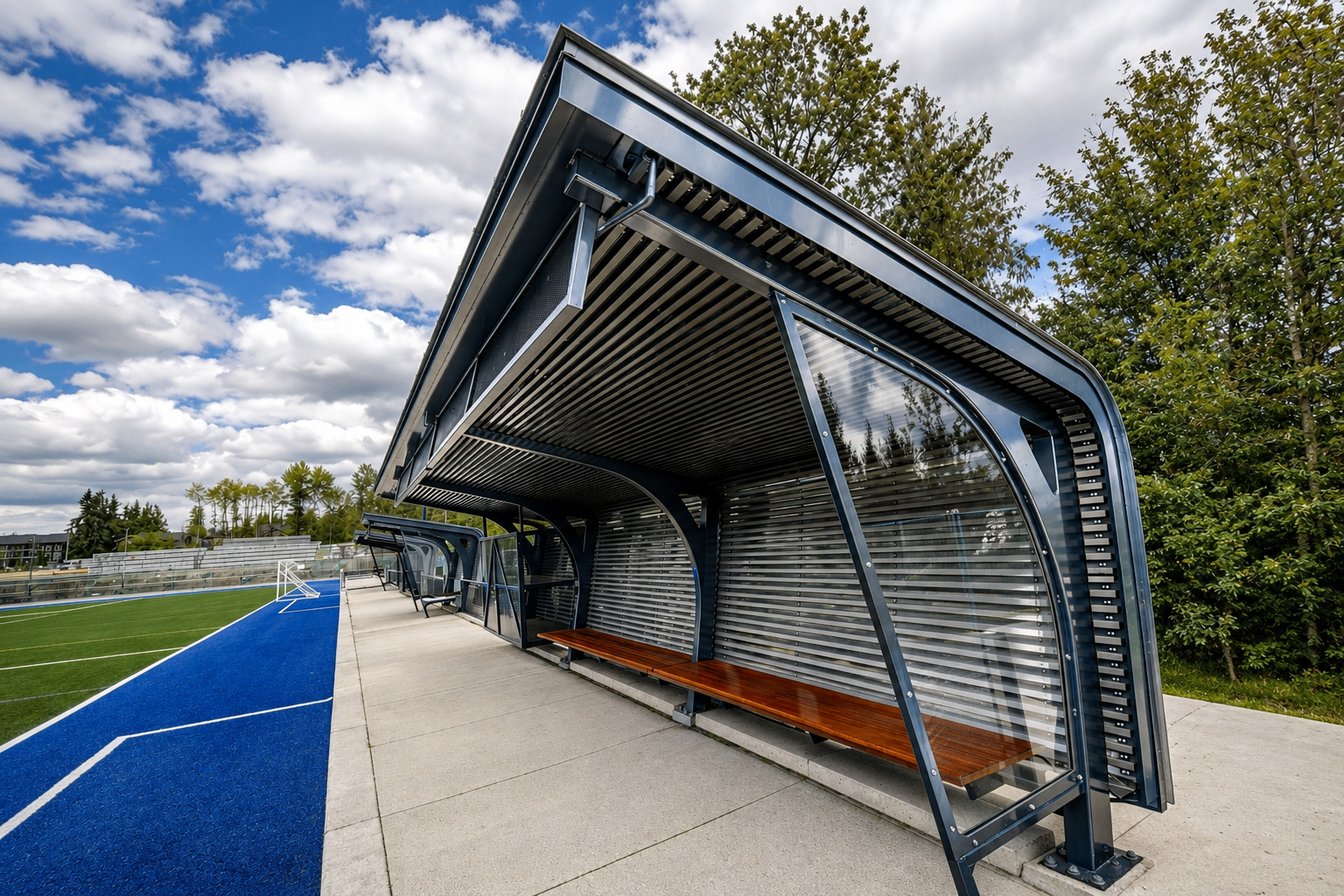 Field-side shelter with corrugated metal cladding